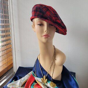 Vintage Pendleton Newsboy Red Plaid Virgin Wool Unisex Hat (Size: Medium)